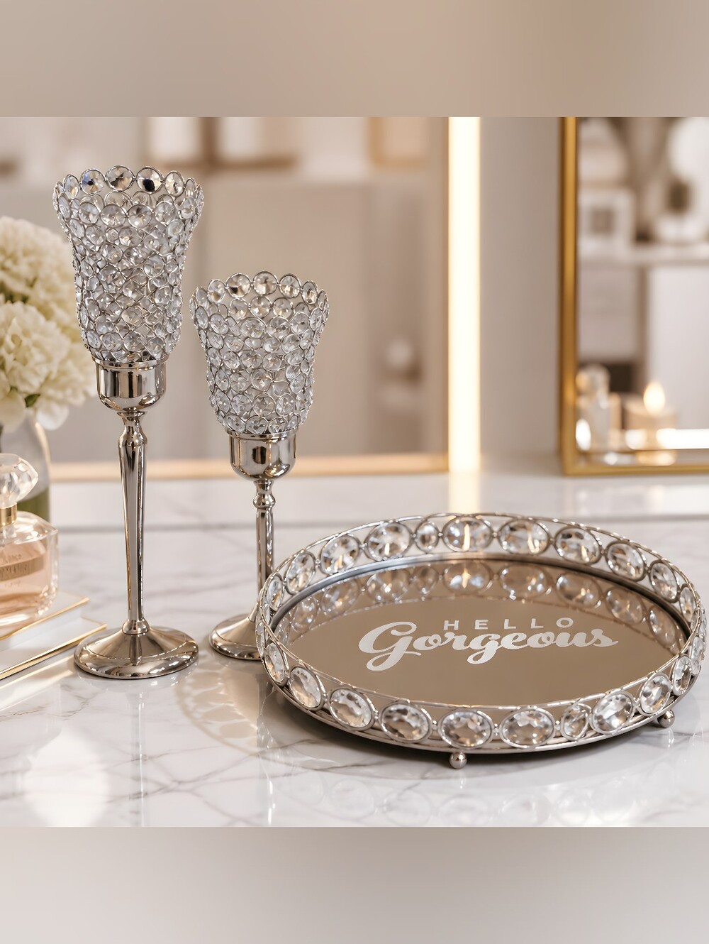Silver Crystal Accent Sconces And Tray. Tray w/ Hello Gorgeous/ 3 Pcs - Picture 1 of 9